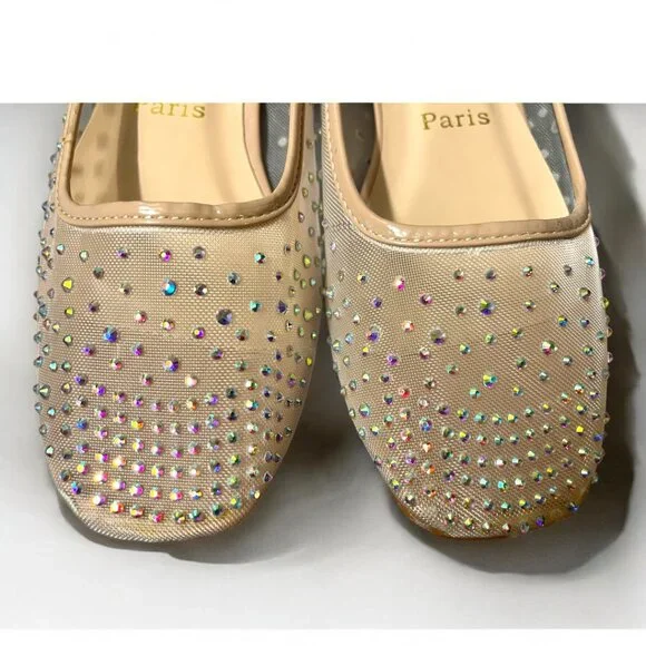 Beige Crystal Embellished Mesh Follis Strass Ballerina Flats - Picture 3 of 12